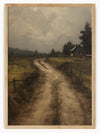 This captivating landscape painting depicts a tranquil dirt road winding through peaceful, grassy fields. The wooden barn and tall trees add a rustic charm to the scene, while the overcast sky lends a moody and contemplative atmosphere. The artist's skillful use of colors and textures brings the countryside to life, evoking a sense of calm and serenity.