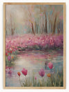 This picturesque artwork vividly captures a serene garden scene in full bloom. The focal point is a blossoming tree, lush with vibrant pink flowers, standing tall and majestic against a backdrop of freshly green foliage. The delicate petals create a dreamy, romantic atmosphere, swaying gracefully in the gentle breeze. At the center, a calm, azure pond reflects the surrounding beauty, adding to the peaceful ambiance. The soft light filtering through the trees enhances the scene, casting a warm and inviting g