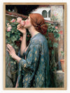 In this mesmerizing piece, a woman with auburn hair, adorned with delicate white flowers, gracefully leans towards a blooming rose bush to savor the scent of pink roses. She is dressed in an elegant blue, patterned robe, which adds a touch of timeless charm to the scene.