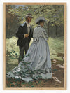 This painting captures a tranquil moment in a lush, green garden on a serene, sunny day. A well-dressed couple leisurely walks along a winding path, immersed in conversation and the beauty of their surroundings.The garden is alive with vibrant foliage, and the soft play of light and shadow creates a mesmerizing effect, bringing the scene to life.