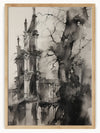 This artwork depicts a gothic-style tower juxtaposed with a large, dark tree. The tower features intricate architectural details, including pointed spires and ornate columns. The tree, with its bare branches, appears to blend into the structure, creating a haunting and atmospheric scene. The use of black and grey tones adds to the dramatic and mysterious mood of the piece.