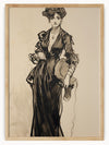 This fine art print captures a captivating scene of a figure dressed in a long, elegant dress with beautifully detailed folds and shading. The person holds a hat in one hand while the other hand rests gracefully on their hip, exuding confidence and poise.