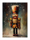 This vintage artwork print features a classic nutcracker soldier, a traditional figure often associated with Christmas. The nutcracker is depicted in a painterly style, with rich, textured brushstrokes that give it a timeless, nostalgic feel. The soldier is dressed in a vibrant uniform with gold epaulettes, a tall hat, and a mustache, standing at attention amidst a softly falling snow. The background is a blend of warm and cool tones, creating a dreamy, festive atmosphere. This piece captures the essence of