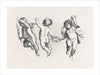 This vintage artwork features three cherubs, or putti, depicted in a classical style. The cherubs are shown in motion, holding hands and appearing to dance. The cherub on the left holds a palm frond, while the cherub on the right holds a piece of cloth. The central cherub holds a garland of flowers. The artwork is interesting due to its depiction of cherubs, which are often associated with innocence, playfulness, and divine love in classical art. The detailed rendering of the figures and their dynamic poses