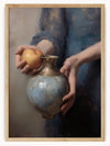 This painting captures the juxtaposition of two hands, each holding an object. One hand cradles a round, orange fruit, likely an apple, symbolizing nourishment and nature. The other hand delicately holds an antique ceramic vase with a blue and gold patina, representing artistry and history. The muted background and blue garment worn by the person create a harmonious and balanced composition, emphasizing the elegance and significance of the objects held.