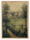 This artwork portrays a serene rural scene with a few houses nestled amidst tall trees and lush greenery. The painting captures a peaceful, almost nostalgic atmosphere, with a dirt path winding through the foreground, leading the viewer's eye toward the distant homes. The soft, muted colors and gentle brushstrokes evoke a sense of calm and tranquility, making it a soothing and inviting piece. The distant horizon and the subtle details in the foliage add depth and realism to the scene, making it a charming r