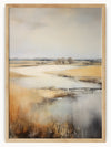 This captivating landscape painting captures the serene beauty of a peaceful river or stream meandering through a picturesque scene. The fields of golden and brown grasses create a warm, inviting atmosphere, while the bare trees in the background hint at the quiet charm of late autumn or early winter.