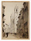 This exquisite piece transports you to a bustling European street, where the grandeur of a majestic cathedral with a tall clock tower commands the scene. The detailed architecture of the cathedral, with its intricate spires and clock faces, is meticulously rendered, evoking a sense of history and splendor. The sepia tones lend a vintage and nostalgic feel, capturing a moment in time.