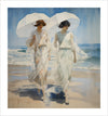 Enjoy the peaceful atmosphere of the seaside with our "Walk on the Beach" art print, featuring two ladies strolling along the coastline. Bring the calming beauty of the beach into your home with this elegant piece.