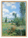 This charming artwork transports you to a serene and dreamy countryside. With wildflowers in full bloom and vibrant red poppies dotting the lush, green meadow, it instantly lifts your spirits. Towering trees frame the picturesque village in the distance, where the church steeple peeks out among cozy homes. The bright blue sky with fluffy white clouds hints at a lovely, sunlit day. It's a perfect piece to bring a touch of tranquility and natural beauty into your space!