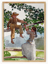 This delightful painting captures a heartwarming moment between two children in a peaceful outdoor setting. One child, dressed in brown overalls and a hat, sits casually on a tree branch. The other child, wearing a white dress, joyfully reaches up towards the child on the branch.