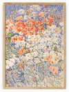 This artwork exudes a sense of vibrant tranquility, featuring a lush field of flowers in full bloom. The red and white blossoms dominate the scene, showcasing a beautiful array of colors.The artist employs a pointillist technique, where tiny dots of color come together to form a cohesive and lively image.