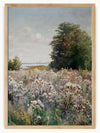 This artwork beautifully captures a tranquil meadow in full bloom. In the foreground, a field of wildflowers and tall grasses sways gently, with delicate white and purple blossoms adding pops of color.The middle ground is dominated by a dense grove of lush green trees, providing a sense of depth and tranquility. In the background, a serene body of water reflects the calm sky above, which is dotted with a few scattered clouds.