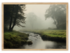 "Whispering Waters" beautifully captures the serene and tranquil beauty of a misty landscape. In the foreground, a gentle stream flows through a lush, grassy area, bordered by patches of green grass and delicate bushes. The background reveals tall trees, partially obscured by a soft fog, adding an air of mystery and calmness to the scene. The absence of human presence emphasizes the natural, untouched beauty of the environment.