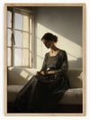 This evocative piece captures a serene moment of contemplation. A figure, elegantly dressed in a dark floral-patterned dress, sits gracefully on a pristine white couch. The sunlight streaming through the nearby window casts delicate shadows, adding depth and warmth to the scene. The overall ambiance exudes tranquility and introspection, inviting viewers to pause and reflect.