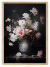 This still life painting captures a bouquet of delicate white and pink flowers in a beautifully ornate vase. The subtle signs of wilting add a touch of natural authenticity and evoke a sense of fleeting beauty. The dark background contrasts elegantly with the light tones of the flowers, highlighting their intricate details and the graceful design of the vase. The composition exudes a timeless charm and quiet elegance.