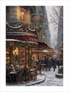 This vintage artwork depicts a charming Parisian street scene during a snowy winter evening. The street is lined with quaint cafes and shops adorned with festive holiday decorations, including garlands and wreaths.The warm glow from the street lamps and shop windows contrasts beautifully with the cold, snowy atmosphere. People are seen walking along the street, bundled up in winter clothing, while some are seated at outdoor café tables, enjoying a warm drink despite the falling snow.