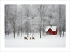 This artwork, titled "Winter Serenity," captures a tranquil winter scene in a snow-covered forest. The focal point of the image is a small, charming red cabin with a white roof, nestled among tall, bare trees dusted with snow. In the foreground, three deer are seen walking gracefully across the snowy landscape, adding a touch of life and movement to the serene setting.The contrast between the vibrant red cabin and the monochromatic winter surroundings creates a visually striking and peaceful composition, e