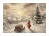 The image depicts a winter scene with a young girl in a red coat pulling a sled filled with wrapped gifts. The setting is a snowy village with several houses covered in snow. The sky is filled with soft, glowing light from the setting or rising sun, casting a warm hue over the scene. Snowflakes are gently falling, adding to the serene and festive atmosphere. To the right of the girl, there is a large, decorated Christmas tree. The image evokes a sense of nostalgia and holiday spirit, capturing a moment of q