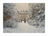 The fine artwork "Winter's Path to Elegance", depicts a serene winter scene with a large, elegant building in the background, possibly a mansion or a chateau. A snow-covered path leads up to the building, flanked by tall trees heavily laden with snow, creating a tunnel-like effect. A few figures are walking along the path towards the building, adding a sense of scale and life to the scene. The painting uses soft, muted colors, primarily whites and grays, to convey the cold and serene atmosphere of winter